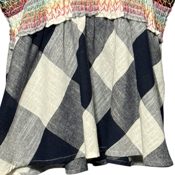 THML Cotton Smocked Bodice Fringe Trim Embroidered Gingham Plaid Sleeveless Top - Picture 8 of 11